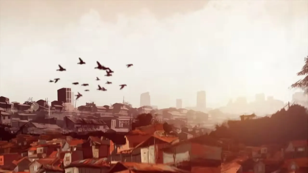 Illustration of Kampala at dusk, with birds in the sky