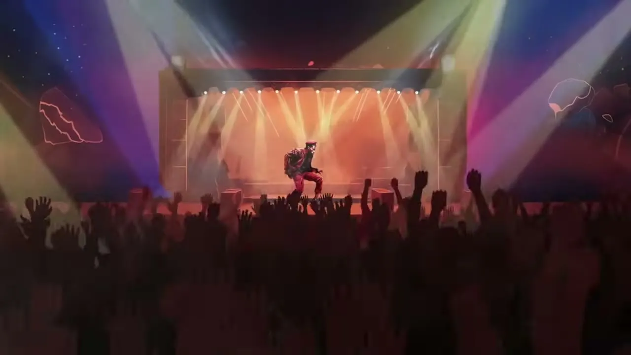 Illustration of Bobi Wine on stage, facing the crowd