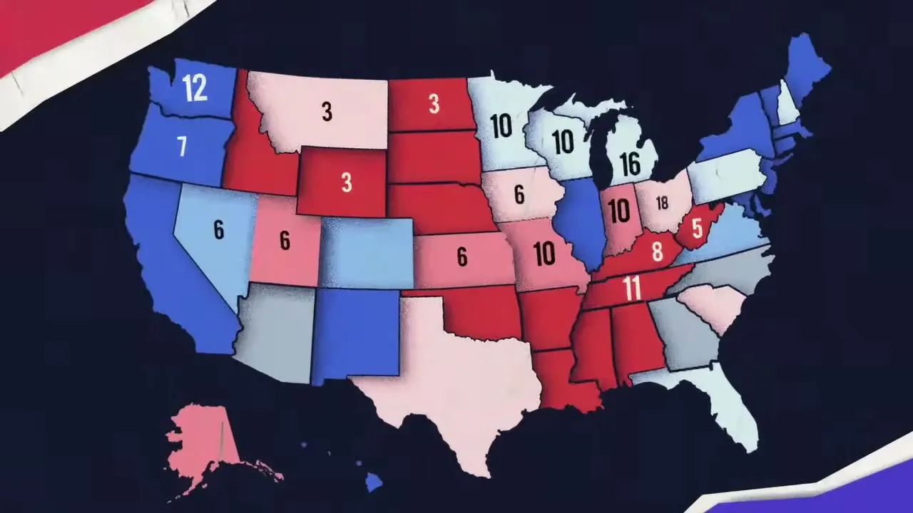 Cut-paper map of the U.S., states in red and blue with their electoral votes