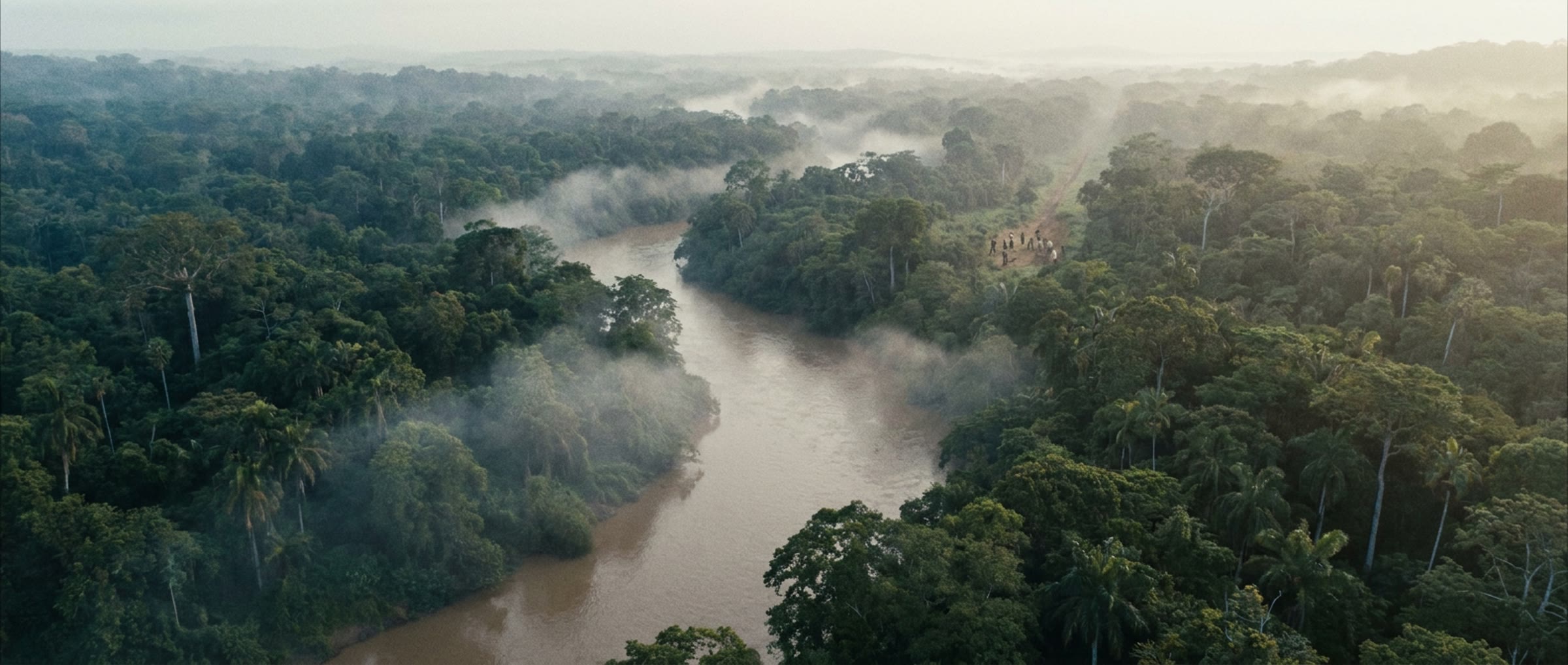 Vista aérea del río serpenteando entre la selva tropical en niebla
