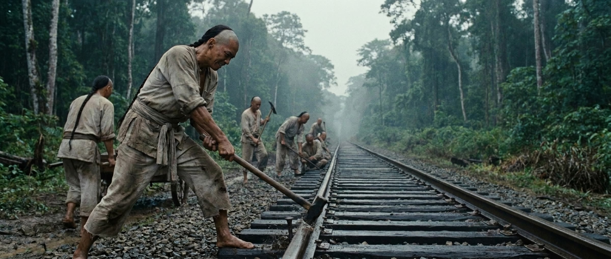 Trabajadores chinos tendiendo el Ferrocarril de Panamá en la selva, 1854